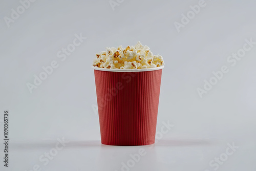 Paper cup with popcorn on white background, movie snack photo