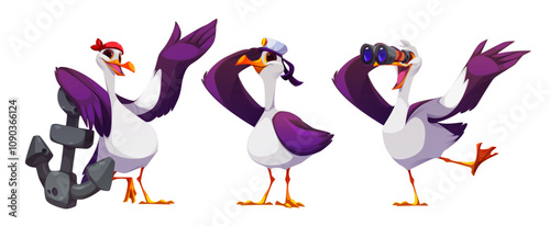 Cute seagull characters in different poses - wearing red sailor bandana standing near ship anchor, captain hat looking upward, holding binocular searching ahead. Fun nautical bird with expressive face