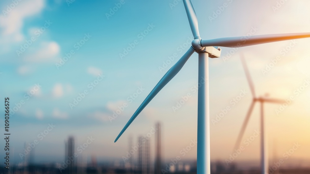 Fototapeta premium A close-up view of a wind turbine against a clear sky, representing renewable energy and sustainable practices.