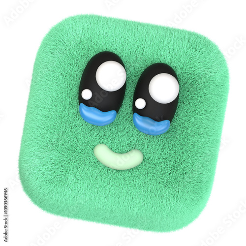 3D Green Cubic Furry Character with Teary Eyes and Charming Face photo