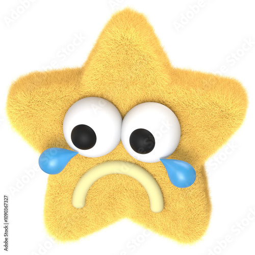 3D Yellow Star Furry Character with Tear and Sad Face