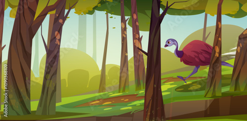 Emu bird running down hill in summer forest. Vector cartoon illustration of exotic brown bird walking in green forest with old trees and bushes, morning sunlight flare, wildlife species in zoo park