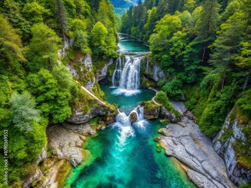 Breathtaking Aerial View of Sum Waterfall in Vintgar Gorge, Slovenia - Nature's Hidden Gem