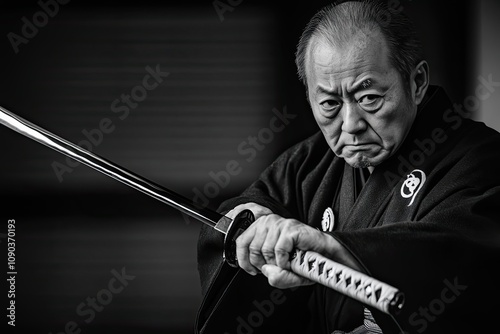 Elderly Man in Black Robes Gripping a Japanese Sword photo