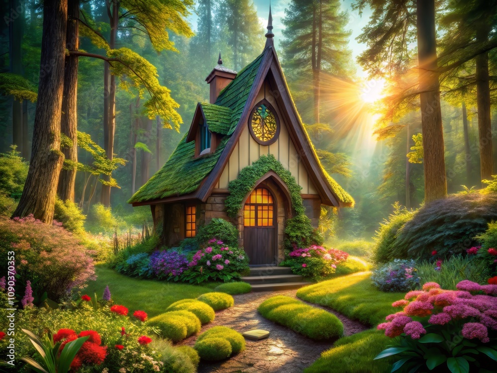 Fototapeta premium Enchanting Tiny House in Lush Forest - Whimsical Architecture and Nature Harmony