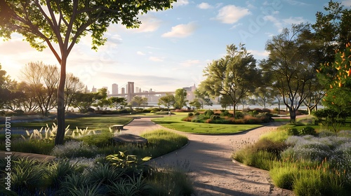 A beautiful park with walking paths and views of the bridge city skyline