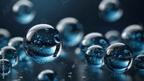 Selective focus on abstract glass molecules floating in a blue fluid background—environment, water, or clean energy concept