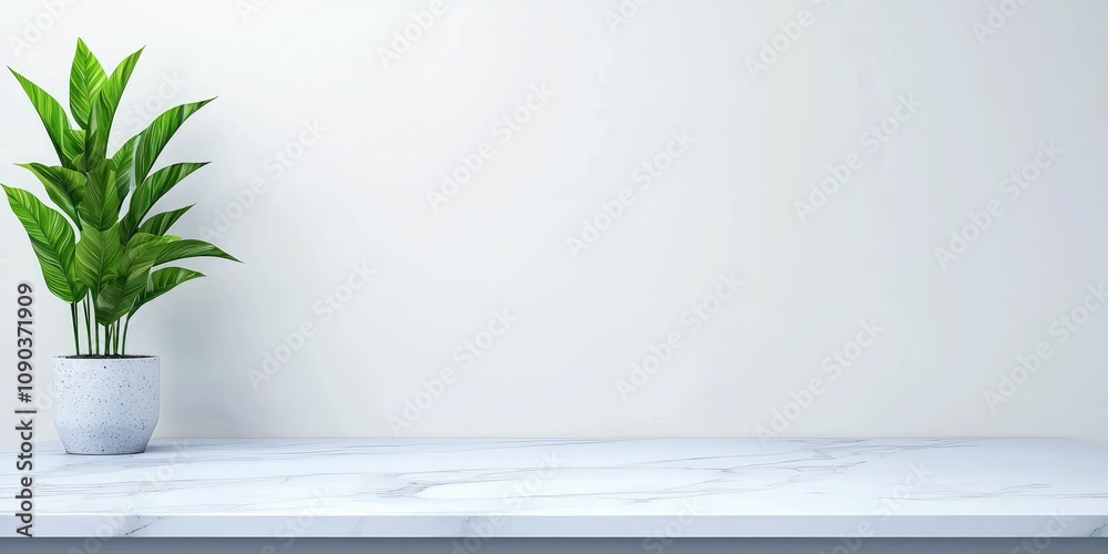 Obraz premium Minimalist plant on marble table against a white wall.
