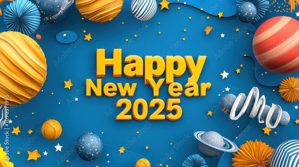 Naklejka premium Happy New Year 2025 celebration with colorful decorations, stars, and planets creating festive atmosphere. Perfect for greeting cards and social media posts