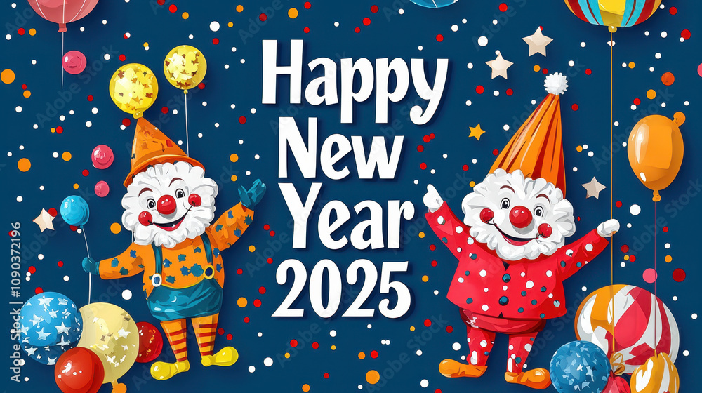 Fototapeta premium Happy New Year 2025 celebration with cheerful clowns, colorful balloons, and festive decorations. joyful atmosphere filled with excitement and fun!