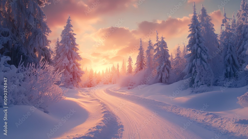 Beautiful winter landscape with road and snow covered trees at sunset. Beautiful winter landscape with road and snow covered trees at sunset.