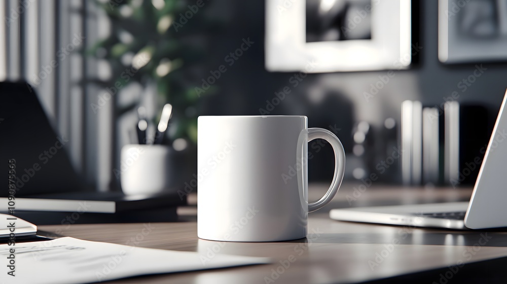 Obraz premium Minimalist office workspace with white mug and laptop on wooden desk