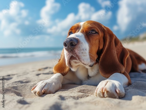 A relaxed basset hound soaking up the sun on a sandy beach, gazing at the horizon with a serene expression. photo