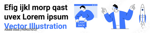 Cashback icon, person analyzing trends, rocket launch, placeholder text. Ideal for fintech, startups, marketing, websites, educational content, financial blogs, business presentations Landing page