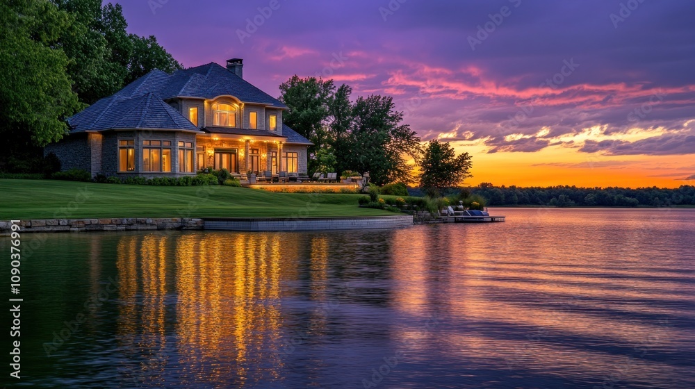 Fototapeta premium A serene lakeside mansion at sunset reflecting vibrant colors on the water.