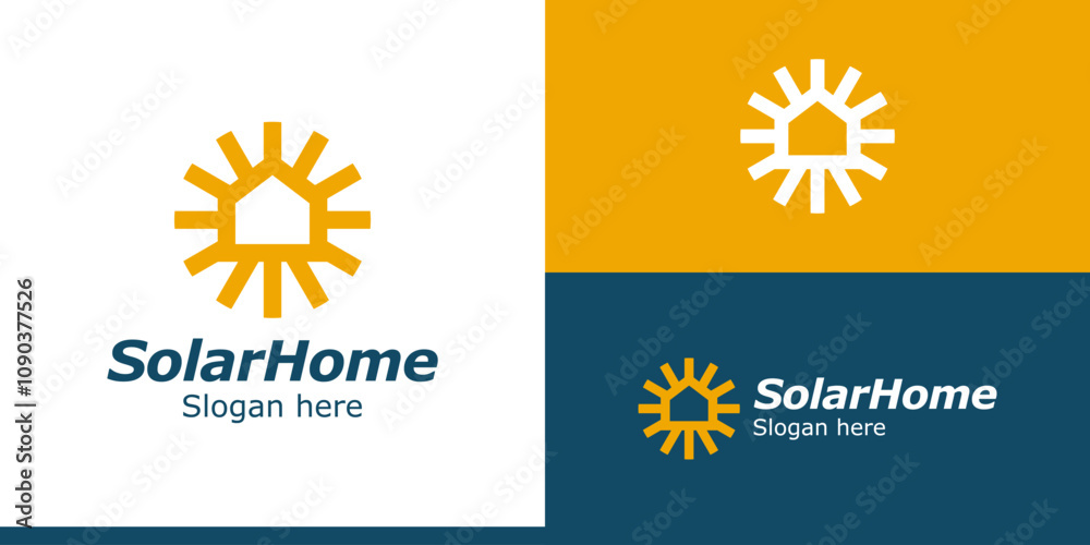 Fototapeta premium Home solar logo design. House building logo vector with abstract sun design graphic symbol icon