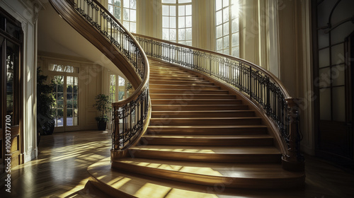 Luxurious wooden staircase with elegant design and natural light