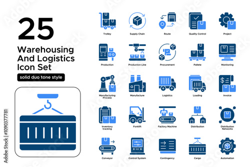 Warehousing and Logistics Solid Duo Tone Icon Set: Stock Management, Product Storage, and Distribution Icons