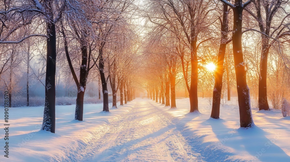 Obraz premium Beautiful winter landscape with road and snow covered trees at sunset.