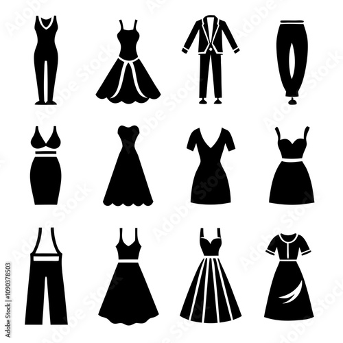 Set of dresses silhouette icon illustration: suit, pants, skirt, top, suspenders, blouse, jumper.