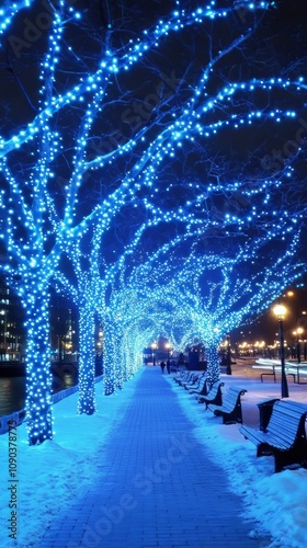 Blue fairy lights wrapped around trees on the Thames, London. 