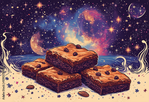 whimsical and artistic illustration featuring four pieces of chocolate brownies with chocolate chips on top. photo