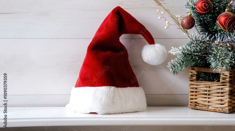 Obraz premium A Red Santa Hat with White Pompom, Christmas Hat Isolated on White Background - A Symbol of Holiday Cheer. The Vibrant Red of the Hat Standing Out Against the Pure White, with the White Pompom Adding
