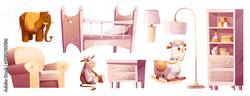 Newborn nursery room interior set with beige crib, stuffed plush toys, cozy armchair, cabinet drawer, table lamp, rocking horse and tall bookshelf containing baby essentials. Cartoon toddler elements.