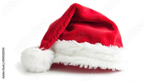 A Red Santa Hat with White Pompom, Christmas Hat Isolated on White Background - A Symbol of Holiday Cheer. The Vibrant Red of the Hat Standing Out Against the Pure White, with the White Pompom Adding 