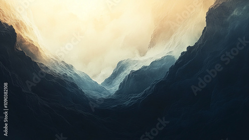 Ethereal abstract background with soft light and dark mountains evokes serene atmosphere photo