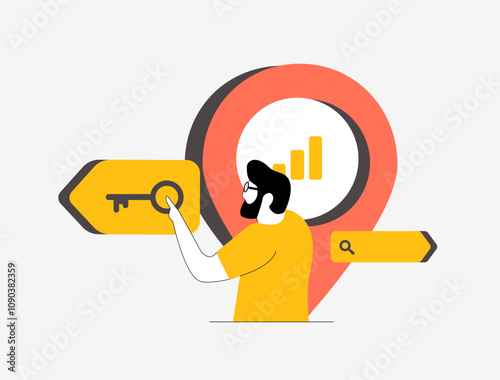 Local SEO keyword research concept - targeted strategies to improve search engine rankings, enhance local visibility and optimize online presence. Location pin and keyword icons vector illustration