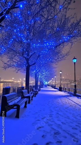 Blue fairy lights wrapped around trees on the Thames, London. 