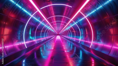 Fototapeta Naklejka Na Ścianę i Meble -  Neon Lights Tunnel: A Futuristic Architectural Design