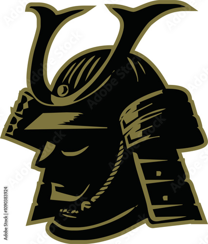  Japanese samurai helmet black gold silhouette icon. Shogun armor symbol design vector illustration