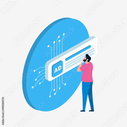 AI in marketing and PPC advertising concept. Man engaging with digital ppc ads. Contextual targeting, artificial intelligence, audience engagement, brand promotion and data-driven advertising visual