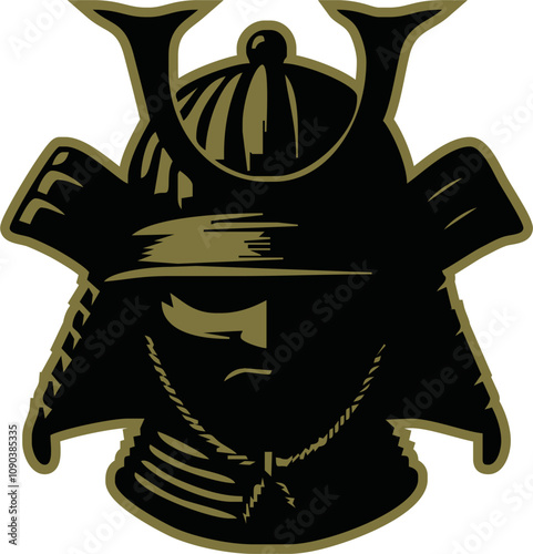  Japanese samurai helmet black gold silhouette icon. Shogun armor symbol design vector illustration