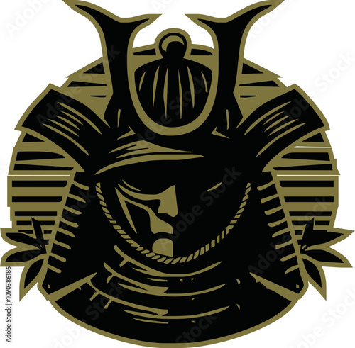  Japanese samurai helmet black gold silhouette icon. Shogun armor symbol design vector illustration