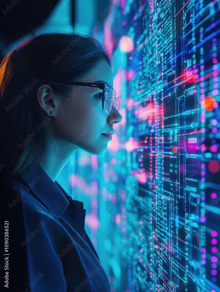custom made wallpaper toronto digitalWoman looking at a large screen of digital data, symbolizing advanced analysis in the field of computer science and information technology.