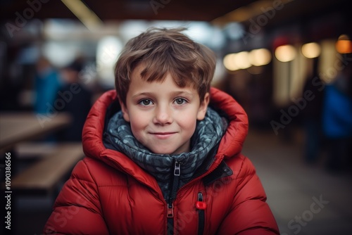 Portrait of a cute little boy in a red jacket in the city