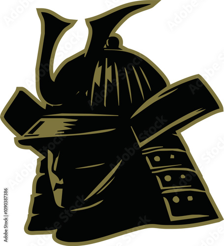  Japanese samurai helmet black gold silhouette icon. Shogun armor symbol design vector illustration