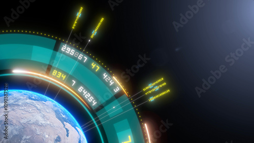 Aerial View of Earth with Futuristic Digital Interface Overlay Showcasing Cutting-edge Technology, Data, and Code Elements in a Dynamic Visualization