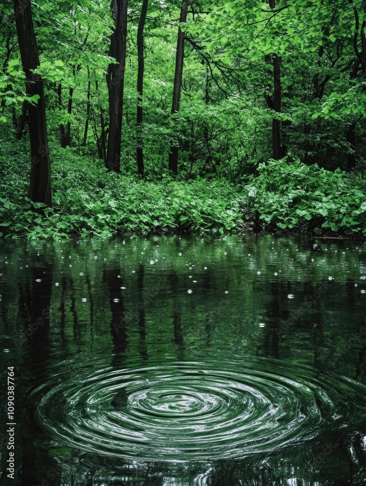 Obraz premium An idyllic forest scene featuring a circular ripple of water reflecting the greenery around it.