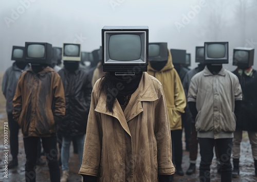 A surreal gathering of faceless figures with television sets as heads, standing motionless in a foggy, dystopian field.