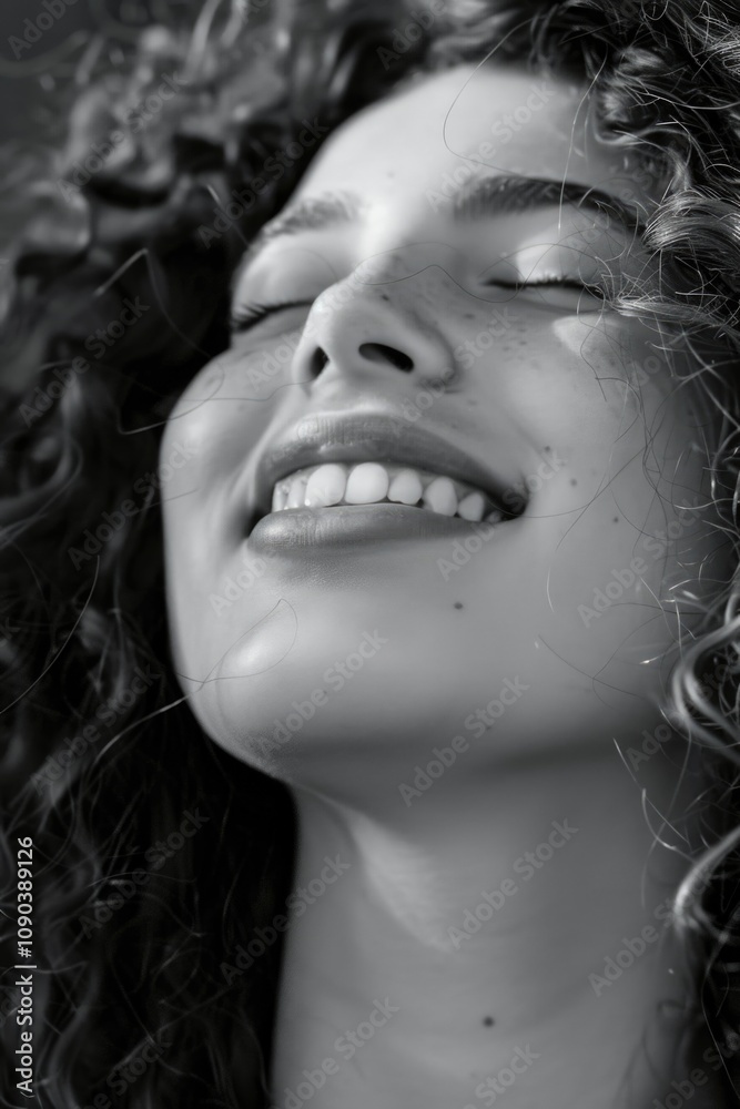 A joyful young woman smiling and showing a beautiful set of teeth, her eyes closed in the midst of laughter or happiness. A joyful young woman smiling and showing a beautiful set of teeth, her eyes closed in the midst of laughter or happiness.