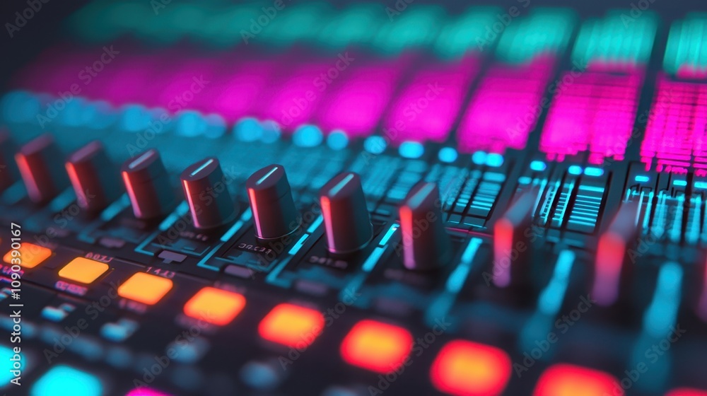Fototapeta premium A close-up of a digital audio mixing console, showcasing colorful LED lights and faders for sound control in a vibrant, modern music production setting.