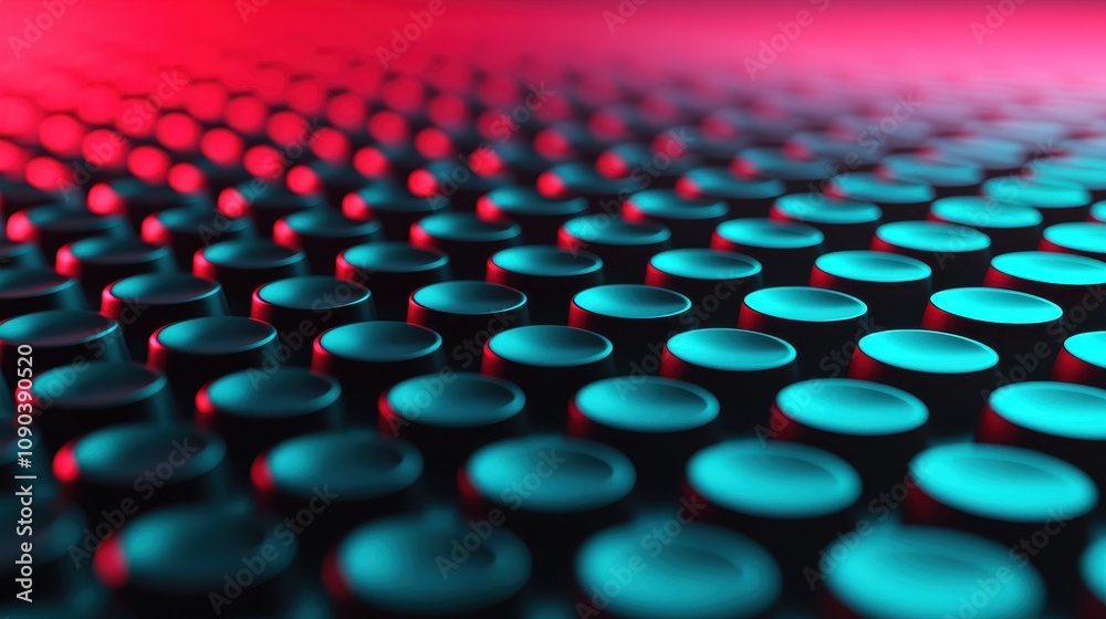 Fototapeta premium A vibrant close-up of a textured surface with circular patterns, illuminated in shades of red and blue, creating a dynamic visual effect.