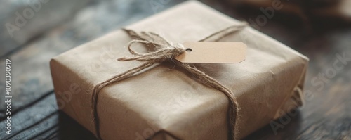 Minimalistic gift box tied with twine and a small tag. photo