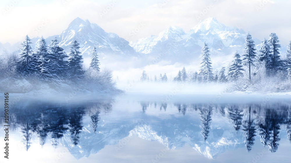 Fototapeta premium Frozen lake reflecting towering snow capped peaks early morning mist drifting across tranquil winter landscape
