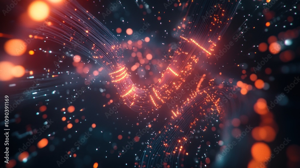 Fototapeta premium Abstract Digital Art: Glowing Orange and Blue Data Stream in Dark Space