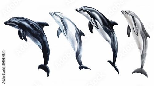 A series of dolphins in various stages of swimming, depicted with a dynamic sense of movement. photo